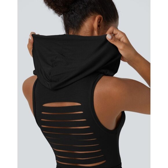 Halara Ribbed Hooded High Neck Sleeveless Cut Out Tie Back 2-Piece Midi Casual D - Picture 8 of 14